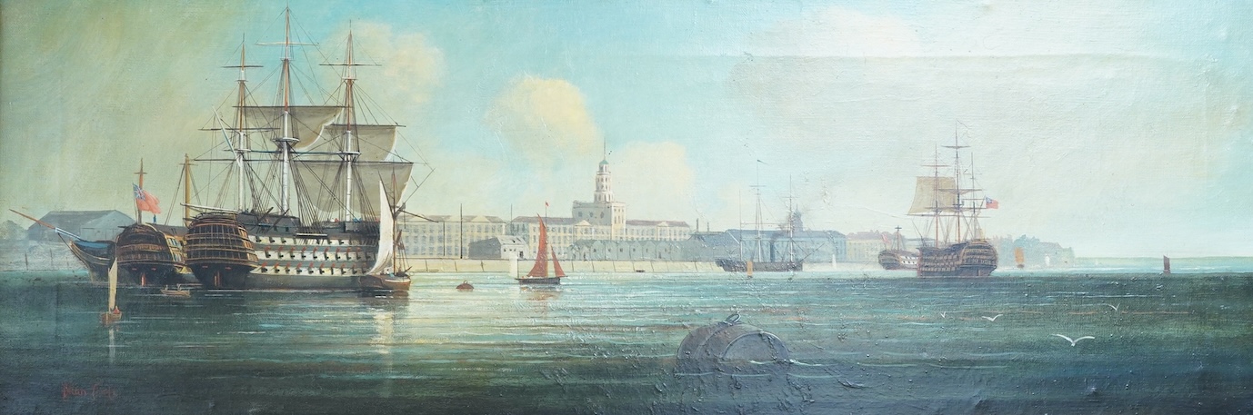 Brian Coole (1939-2022), Dockyard scene, probably Portsmouth, signed, oil on canvas, 25 x 25cm, gilt frame